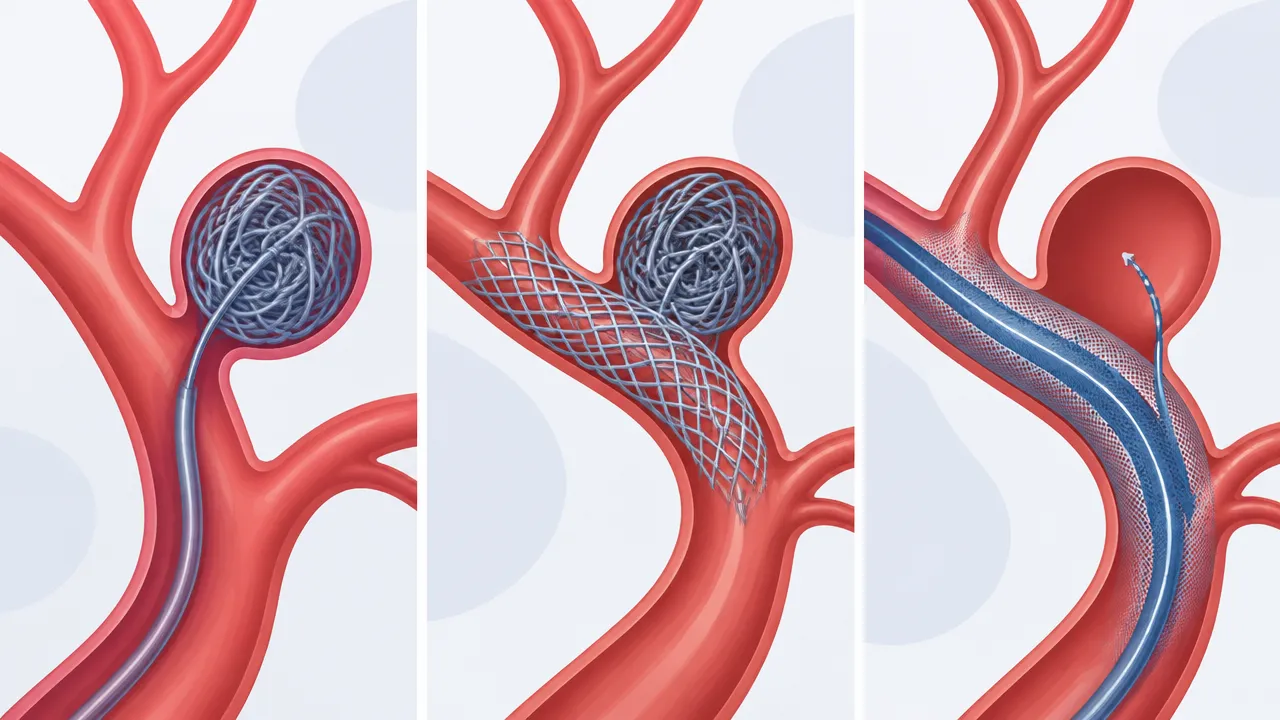 Ilustração comparativa de micromolas, stent e diversor de fluxo no tratamento endovascular de aneurisma