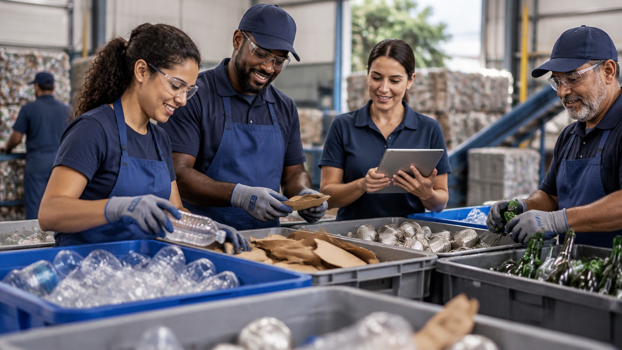 Ilustração conceitual de trabalhadores em uma central de triagem, com materiais recicláveis separados e tablet sem tela legível
