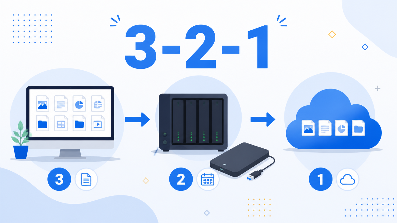 Ilustração da regra 3-2-1 com computador principal, armazenamento local, disco externo e nuvem conectados.