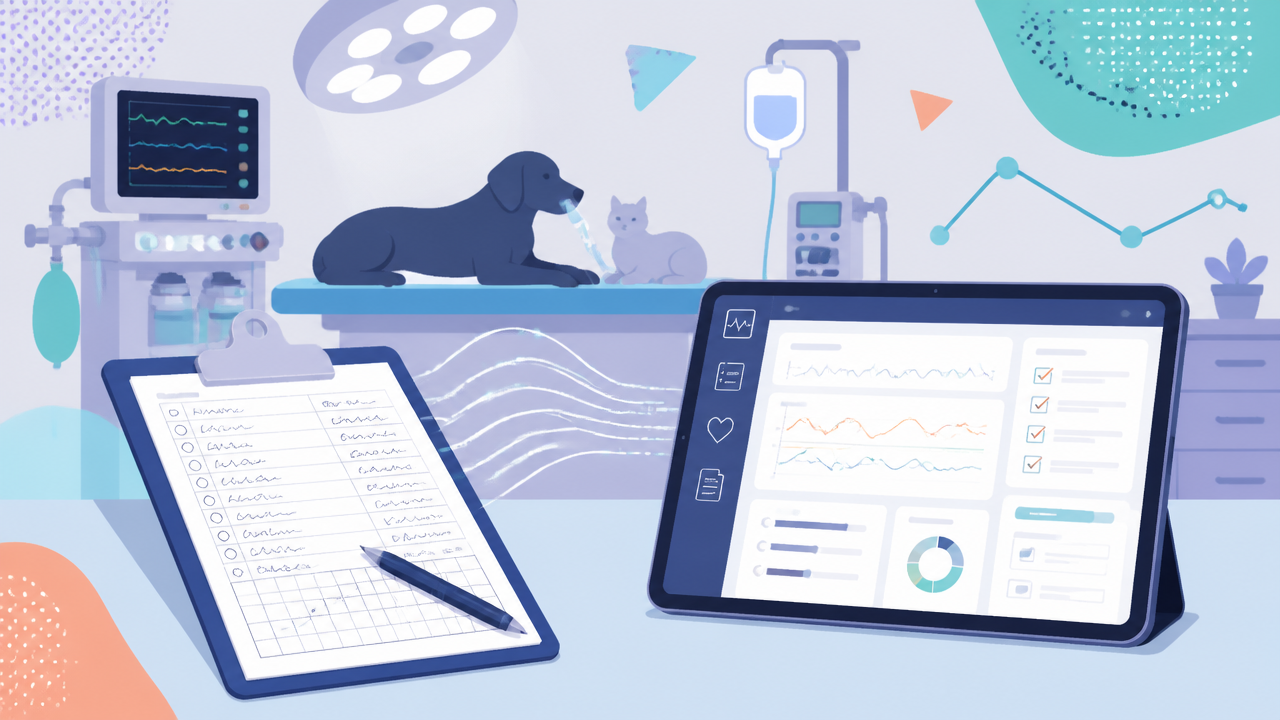 Ilustração da transição da ficha anestésica em papel para o prontuário digital na anestesia veterinária