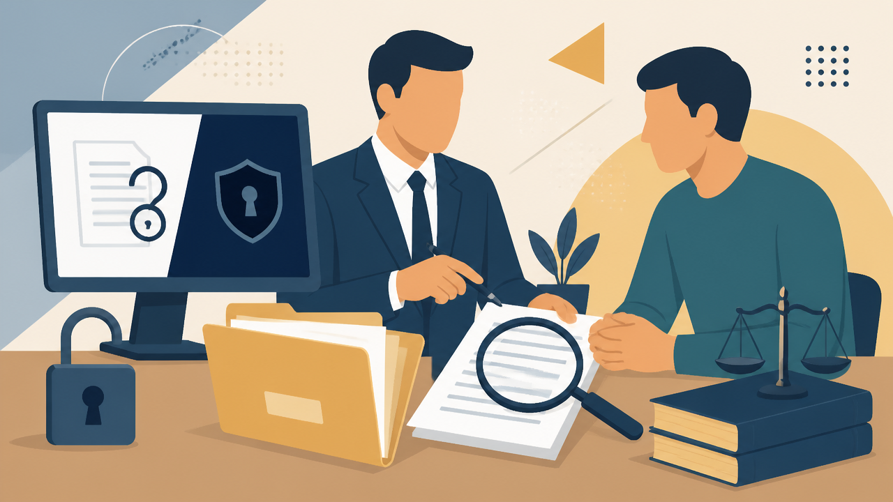 Ilustração de advogado mostrando documentos de investigação a um cliente, com elementos que representam sigilo e acesso aos autos.