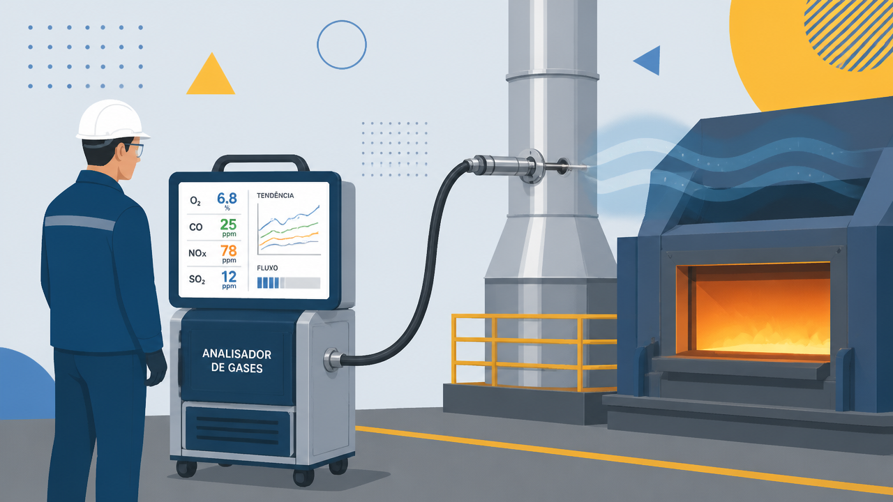 Ilustração de analisador de gases conectado a duto de forno industrial para monitoramento de emissões