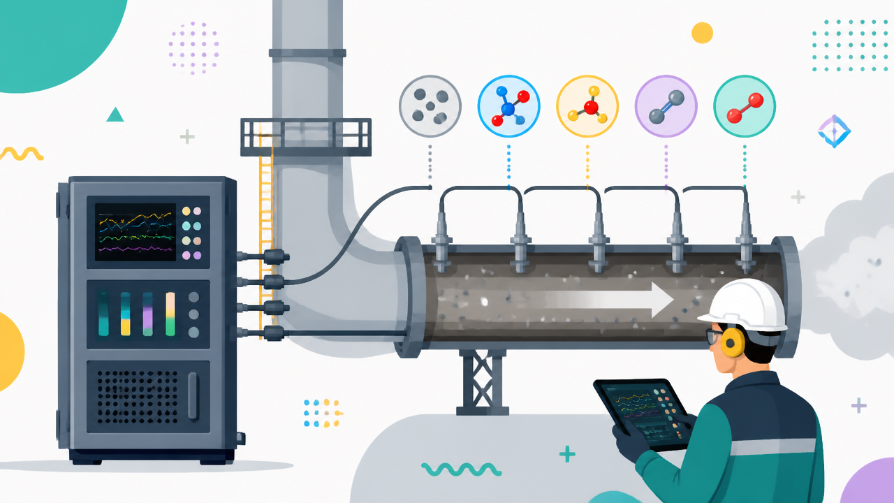 Ilustração de analisador de gases medindo poluentes em um duto industrial