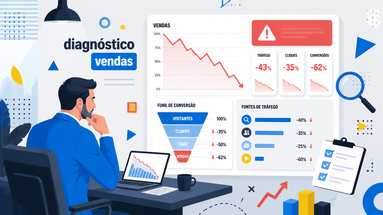 Ilustração de análise de queda repentina nas vendas de campanhas digitais em um painel de métricas.
