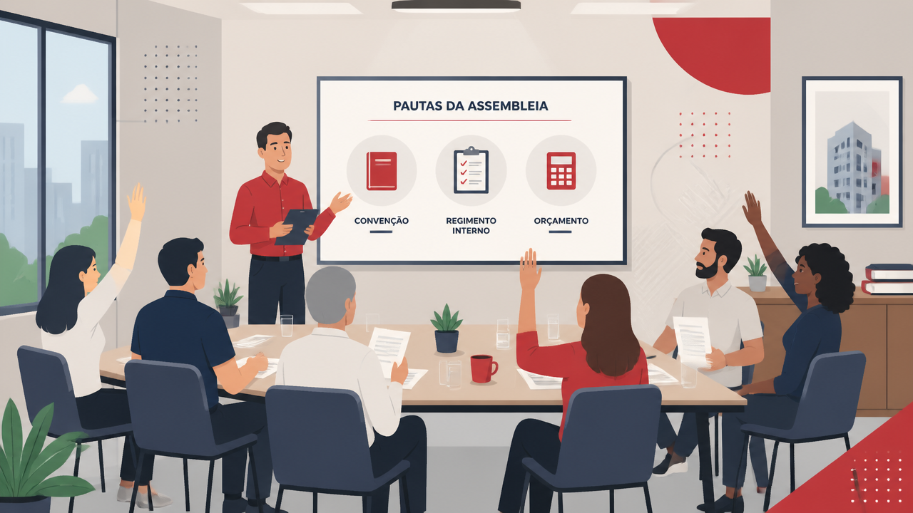 Ilustração de assembleia de condomínio com moradores e síndico analisando regras