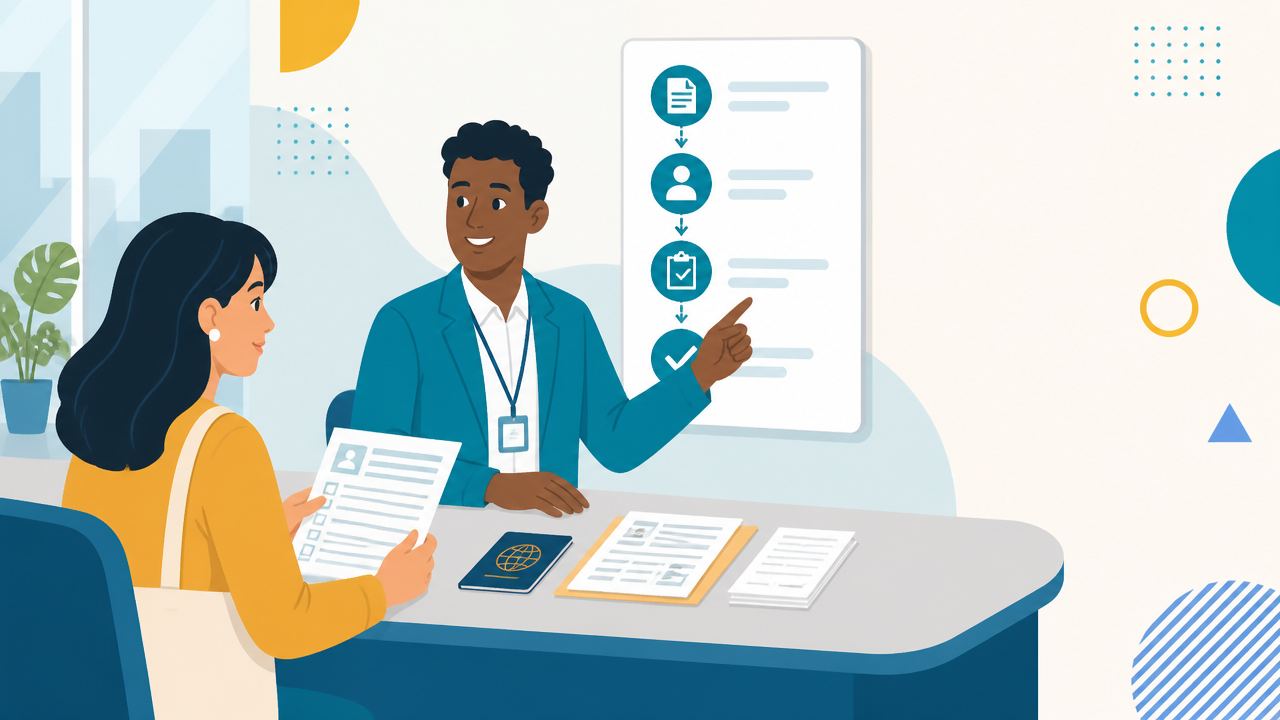 Ilustração de atendimento para regularização migratória, com formulários e documentos organizados em um balcão.