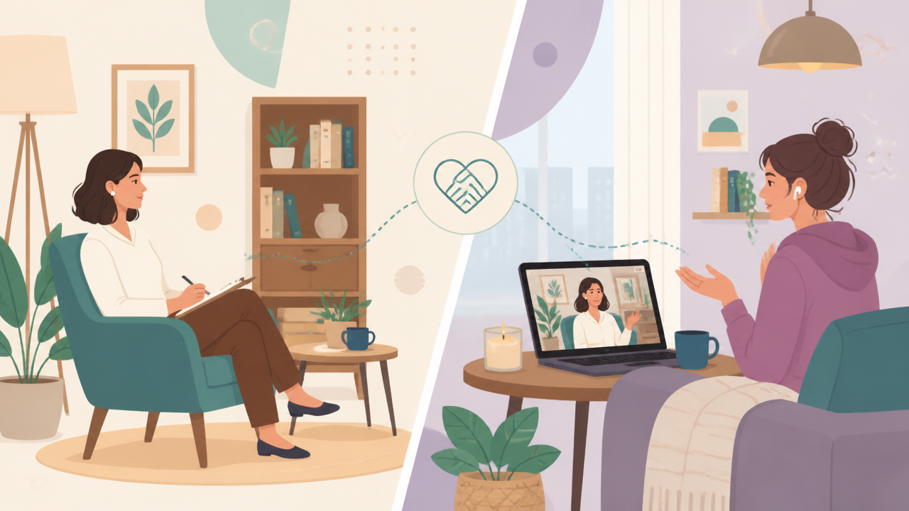Ilustração de atendimento psicológico presencial e online em terapia cognitivo-comportamental.