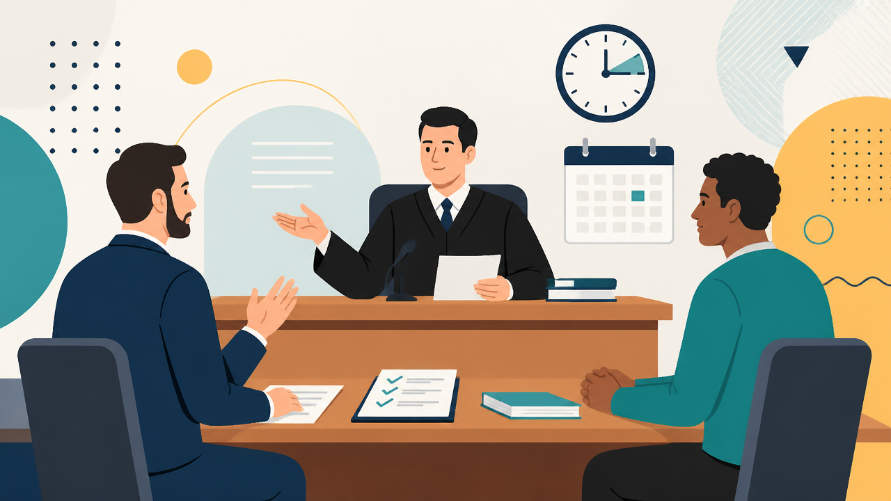 Ilustração de audiência de custódia com juiz, advogado e análise rápida da prisão
