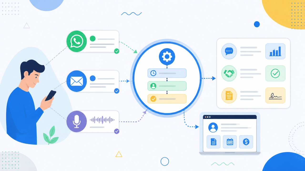 Ilustração de automação multicanal na cobrança com sistema central conectando WhatsApp, email, voz e autoatendimento