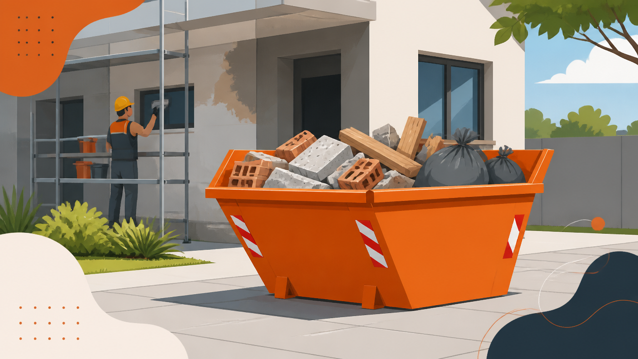 Ilustração de caçamba de entulho em frente a uma obra residencial, com resíduos de construção organizados para descarte responsável.