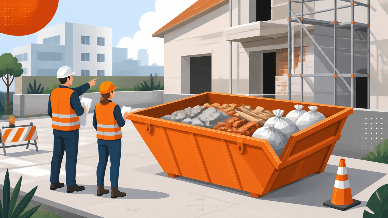 Ilustração de caçamba para entulho em obra urbana, com profissionais orientando o descarte de resíduos de construção