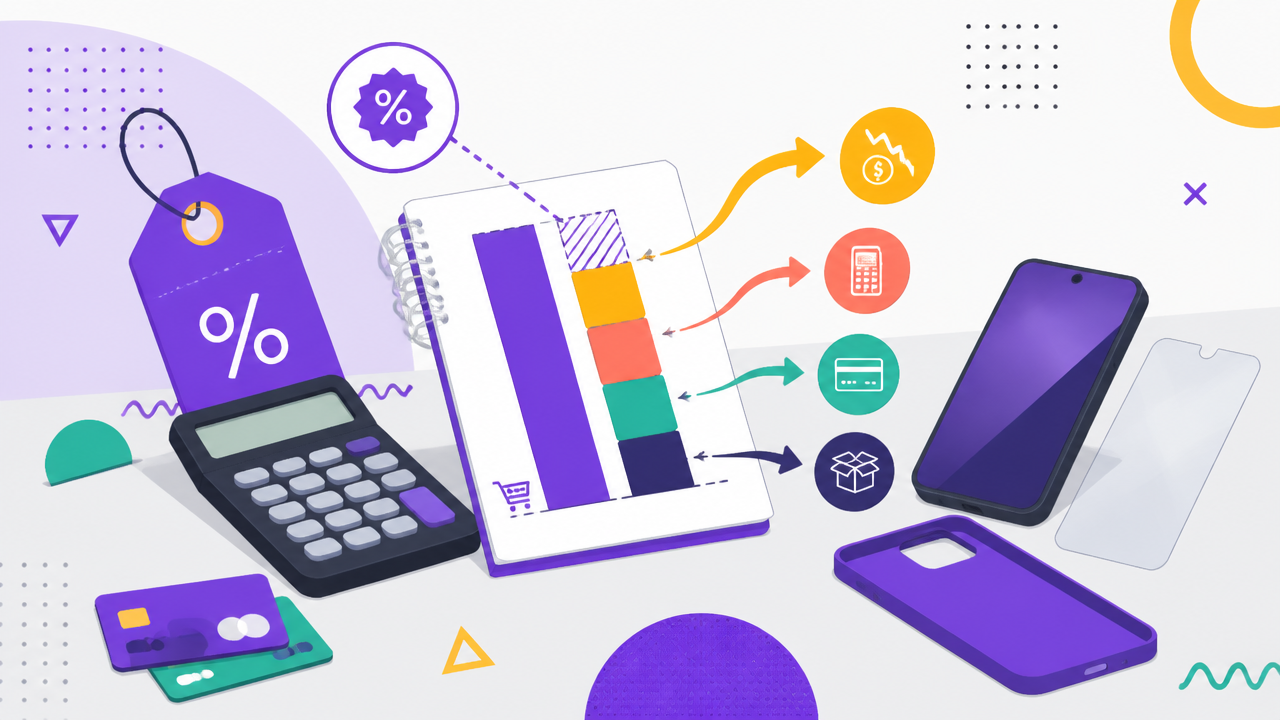 Ilustração de cálculo de preço mínimo com smartphone, acessórios, desconto e taxas de cartão