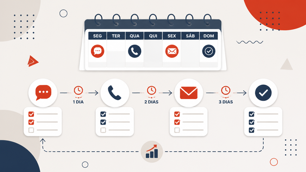 Ilustração de calendário com mensagens, e-mail e telefone representando uma cadência de acompanhamento comercial.