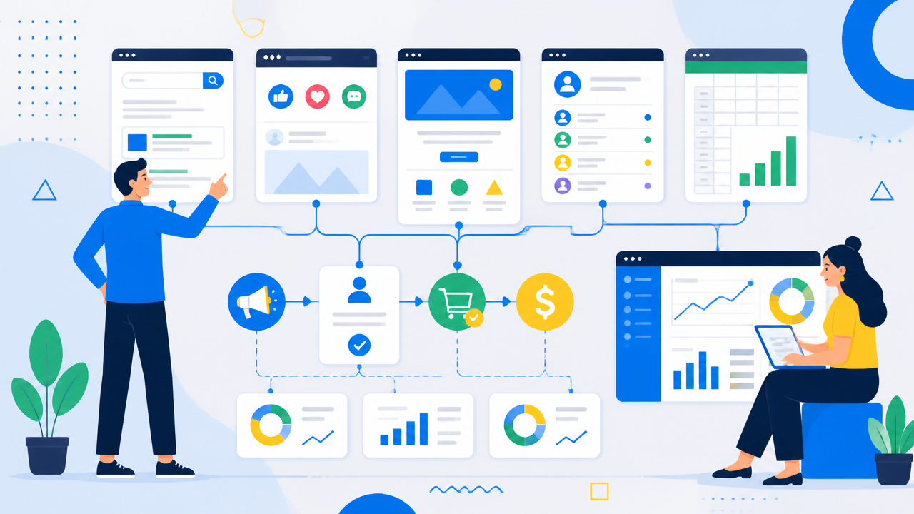 Ilustração de canais de marketing integrados com landing page, CRM e métricas de conversão