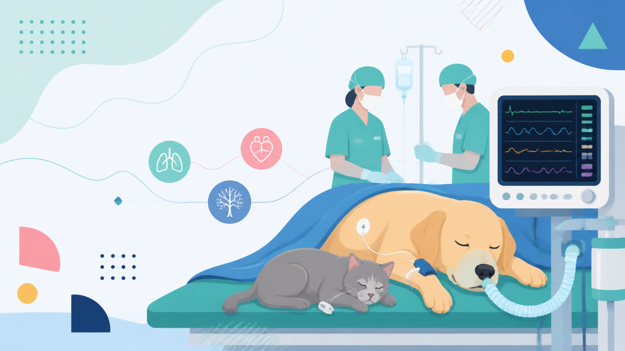Ilustração de cão e gato em contexto veterinário com monitoramento anestésico, representando segurança e efeitos da anestesia no organismo.