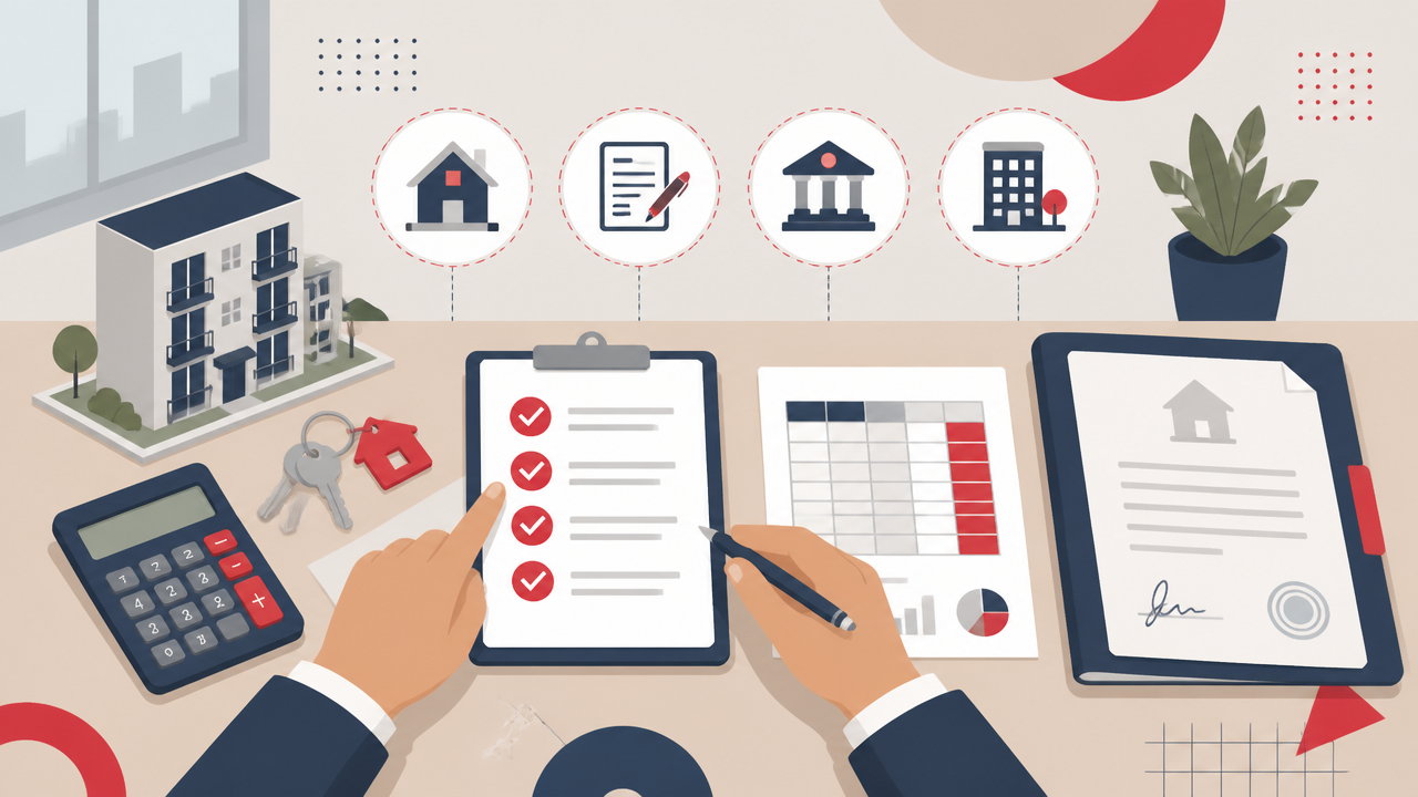 Ilustração de checklist de custos e documentos na compra de um apartamento
