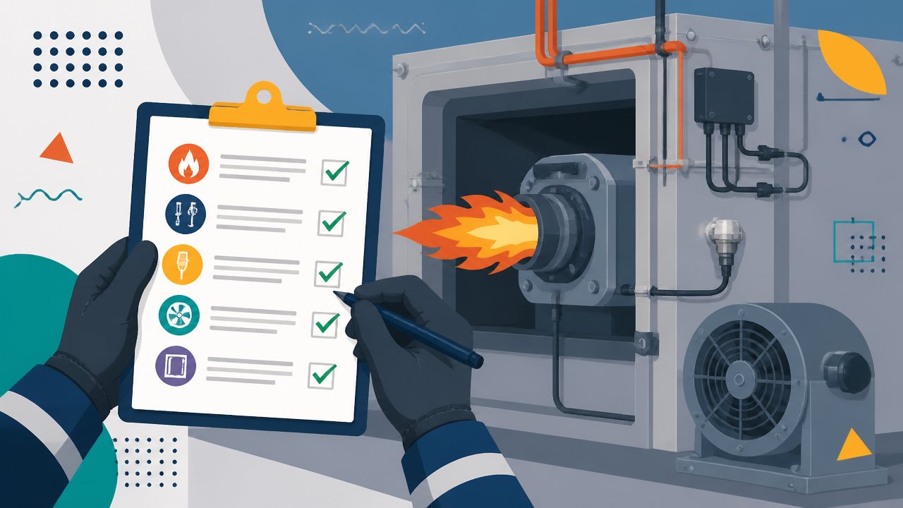 Ilustração de checklist de inspeção preventiva em sistema de combustão de forno industrial