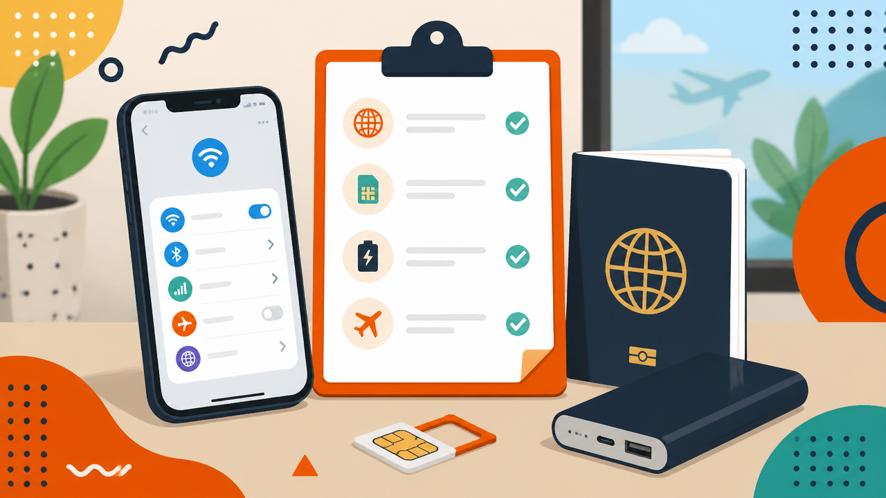 Ilustração de checklist para configurar internet de viagem antes do embarque.