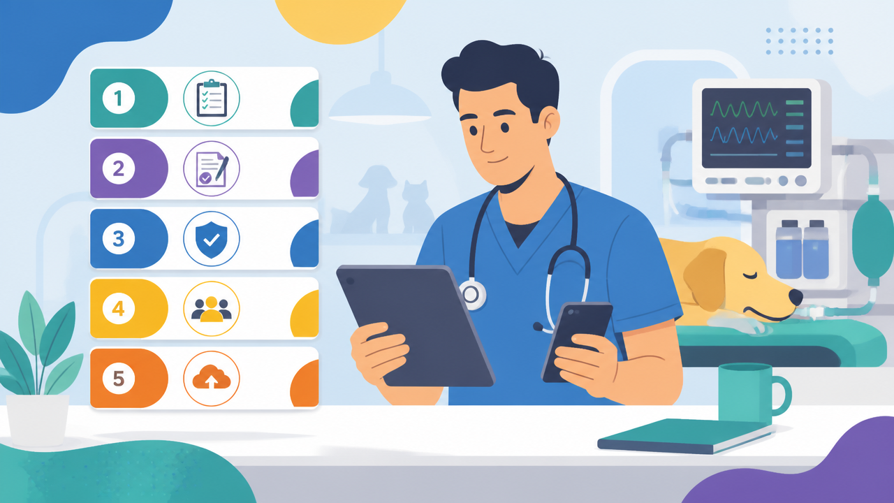 Ilustração de checklist para implantar rotina digital na anestesia veterinária