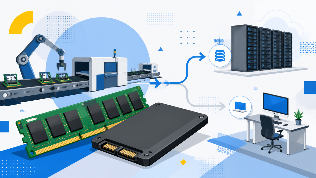 Ilustração de chips de memória, data center e cadeia de suprimentos de componentes para PCs