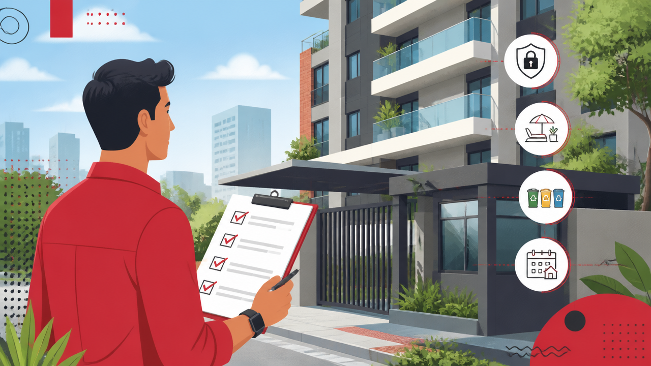 Ilustração de comprador avaliando regras e estrutura de um condomínio residencial