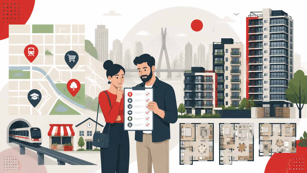 Ilustração de compradores comparando critérios de bairros e apartamentos em São Paulo