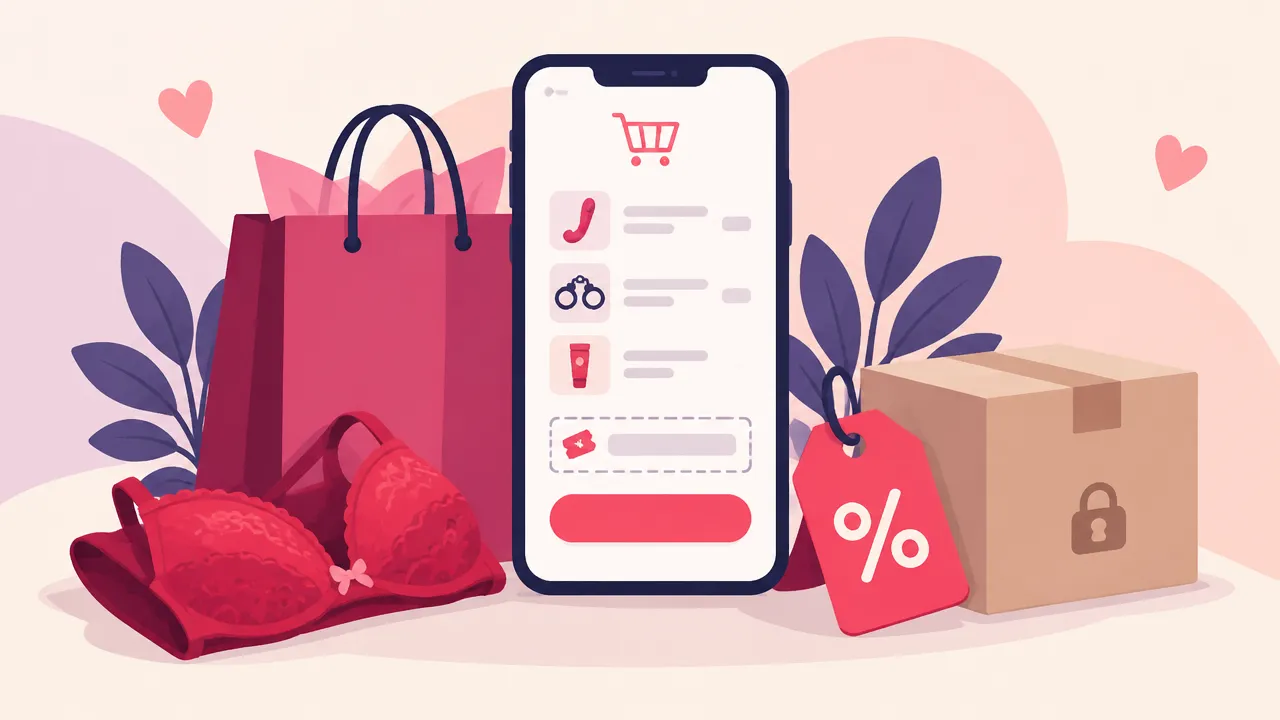 Ilustração de compras discretas em sex shop online, com celular, sacola, lingerie e etiqueta de desconto