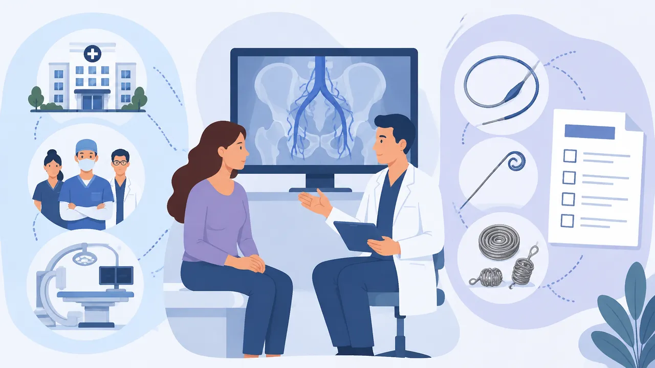 Ilustração de consulta, equipe hospitalar, materiais endovasculares e orçamento relacionados à embolização pélvica.