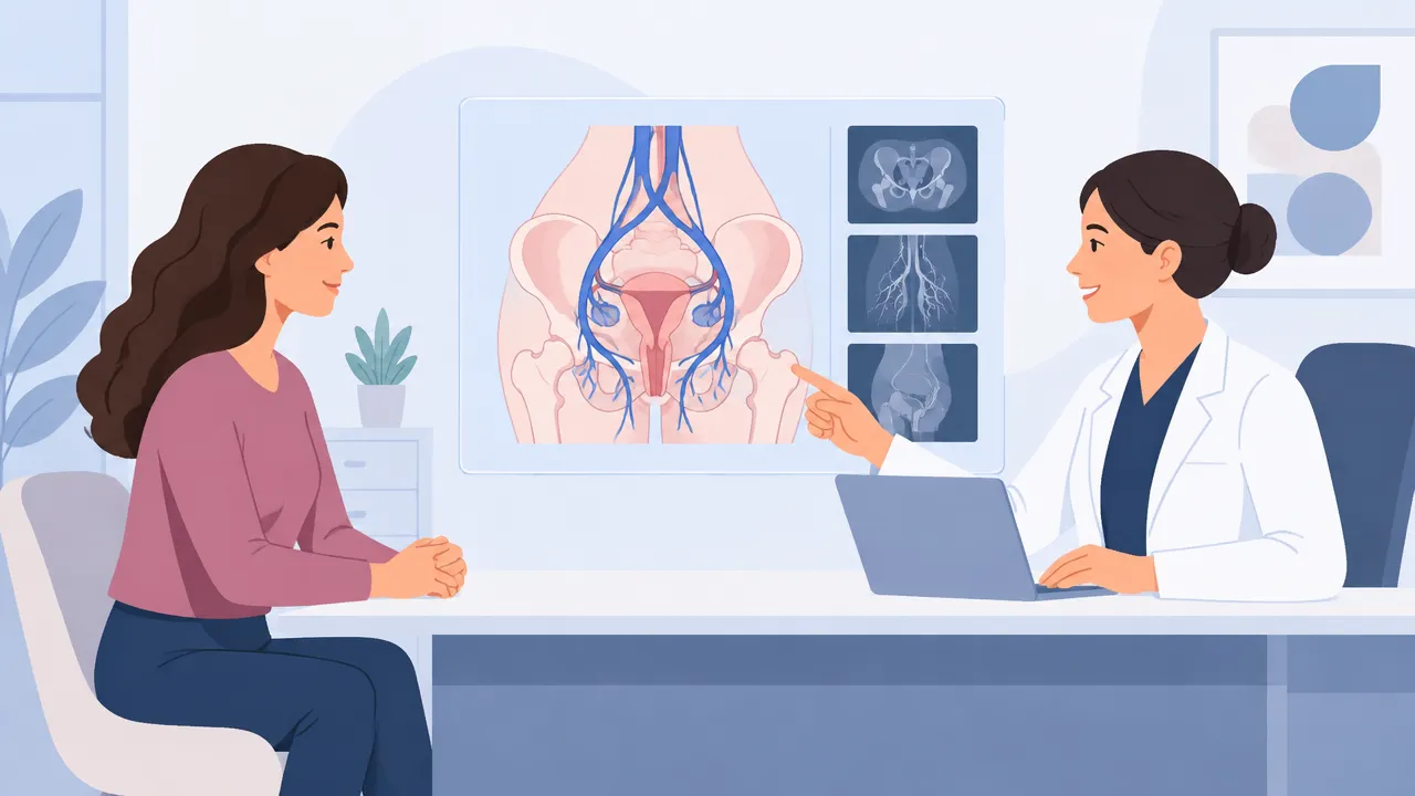 Ilustração de consulta médica sobre varizes pélvicas, com especialista e paciente diante de uma representação esquemática das veias da pelve