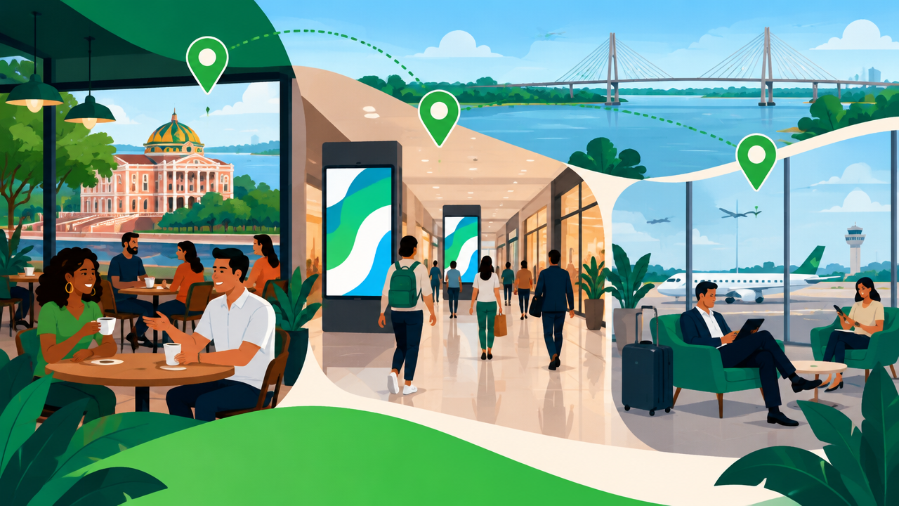 Ilustração de consumidores em restaurante, empreendimento e sala VIP, representando diferentes públicos alcançados por mídia OOH.