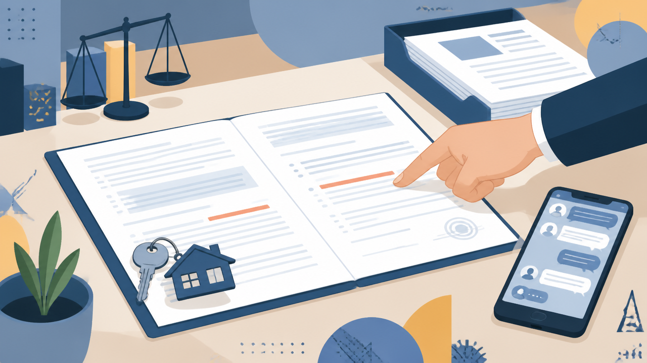 Ilustração de contrato, chave de imóvel e documentos ligados a conflitos civis e indenização