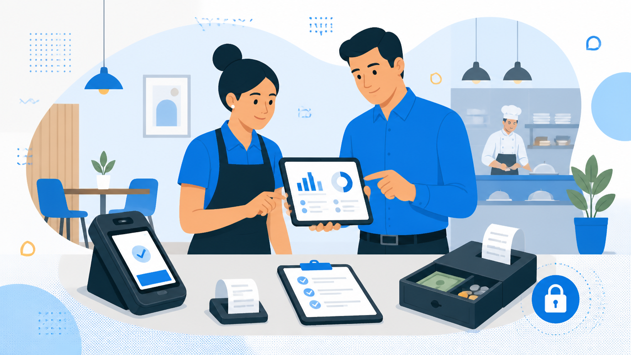 Ilustração de controle operacional da comissão com relatórios, caixa e smartPOS