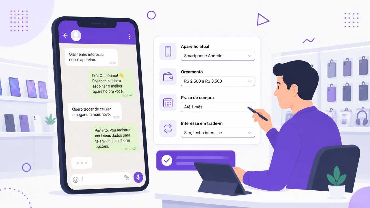Ilustração de conversa no WhatsApp sendo registrada como oportunidade com dados do cliente e intenção de compra.