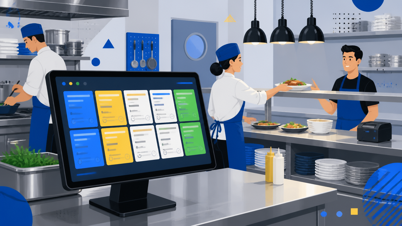 Ilustração de cozinha profissional com tela digital de pedidos organizando a produção