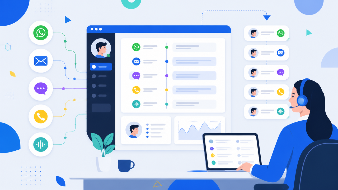 Ilustração de CRM com histórico unificado conectando chat, e-mail, telefone e mensagens em uma operação omnichannel