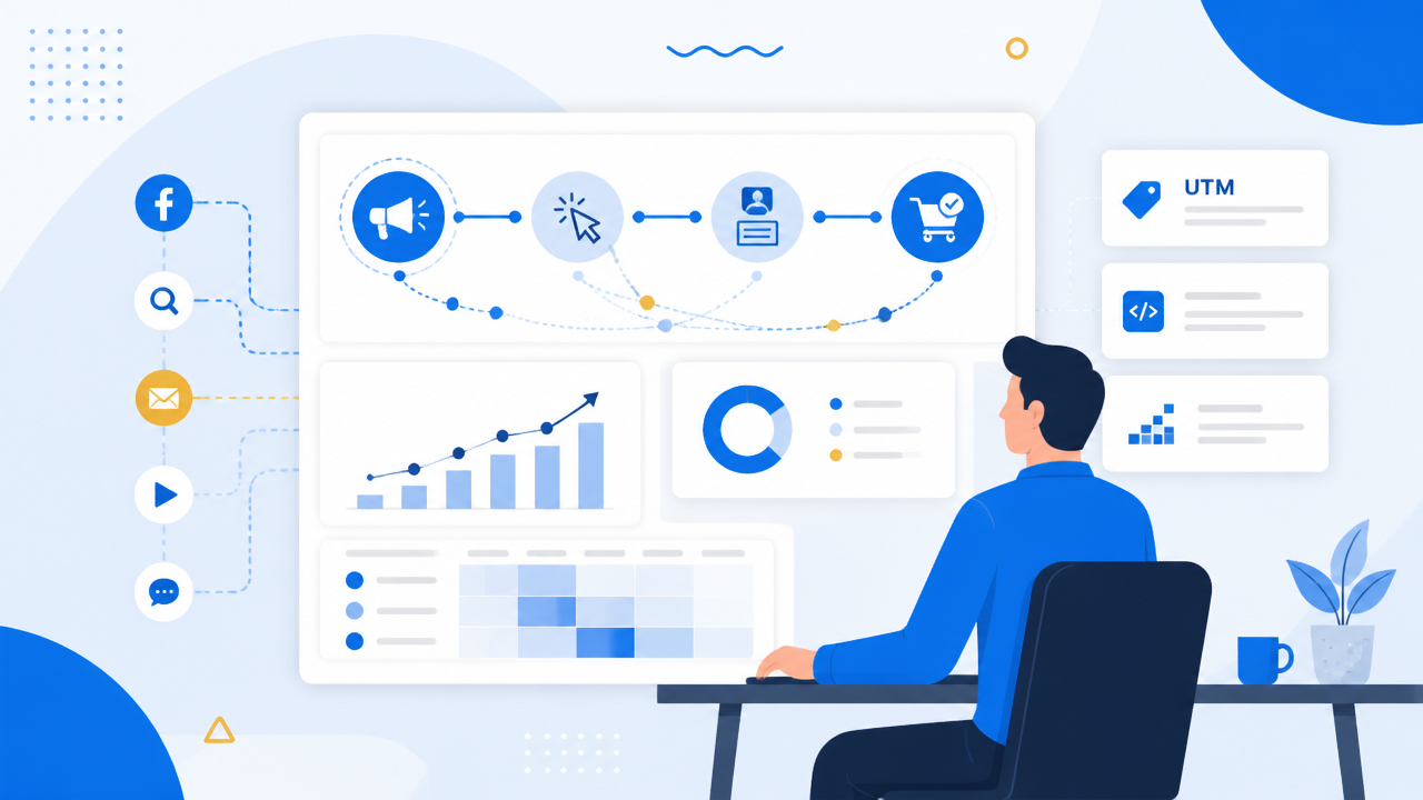 Ilustração de dashboard de mensuração com jornada do cliente, métricas e atribuição de campanhas.