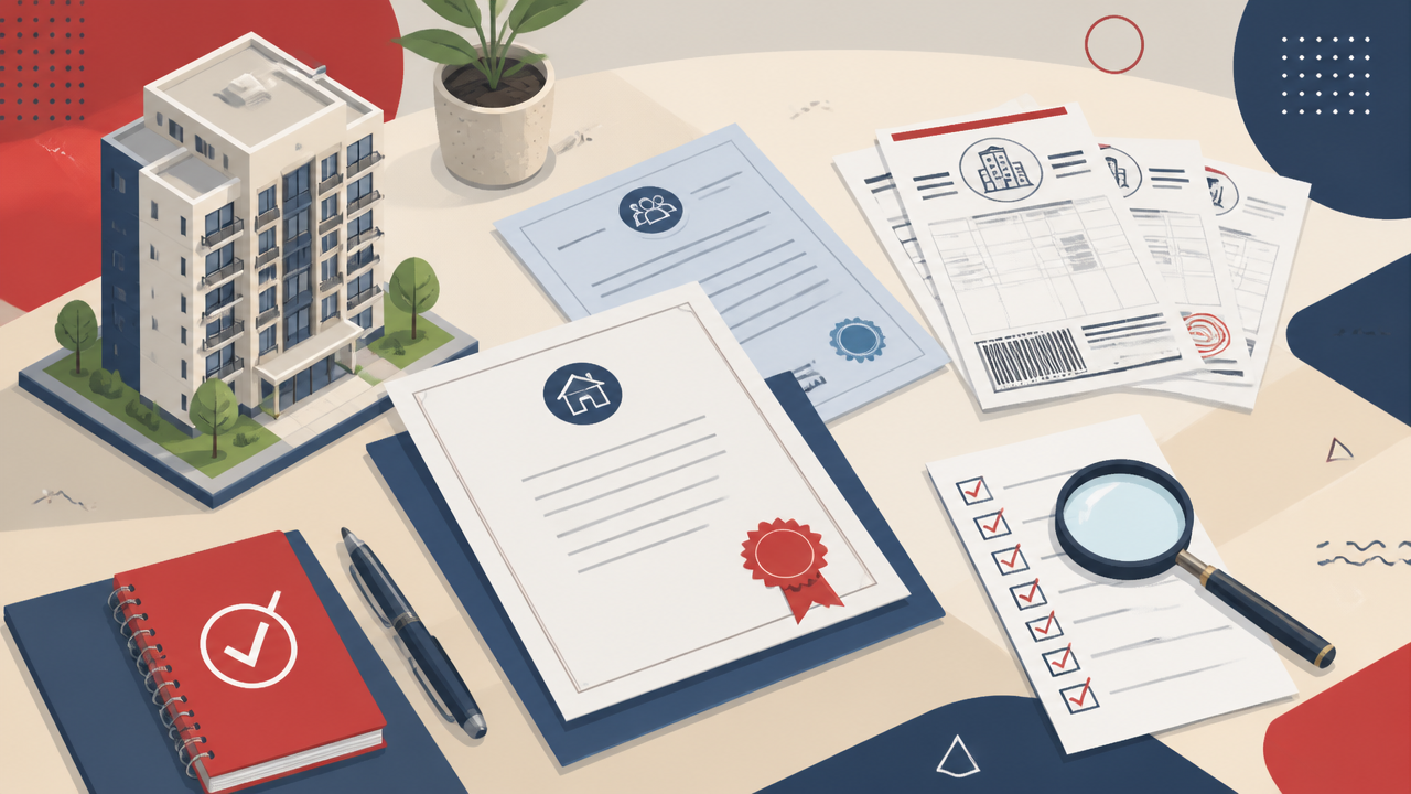 Ilustração de documentos e checklist para avaliar apartamento em condomínio