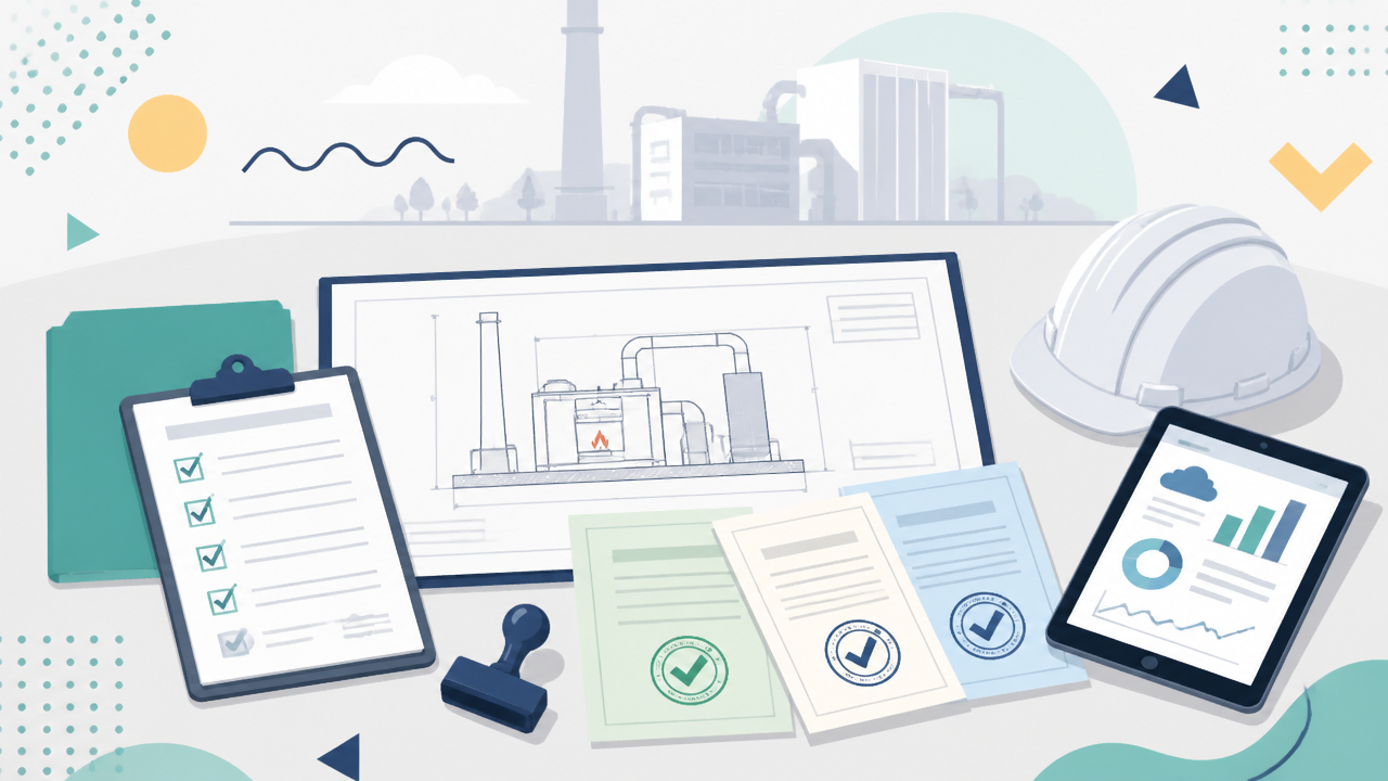 Ilustração de documentos, planta técnica e checklist de licenciamento para instalação de crematório.