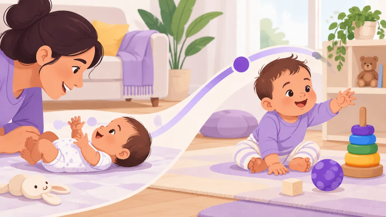 Ilustração de duas fases do bebê, observando um adulto e alcançando um brinquedo durante a brincadeira.