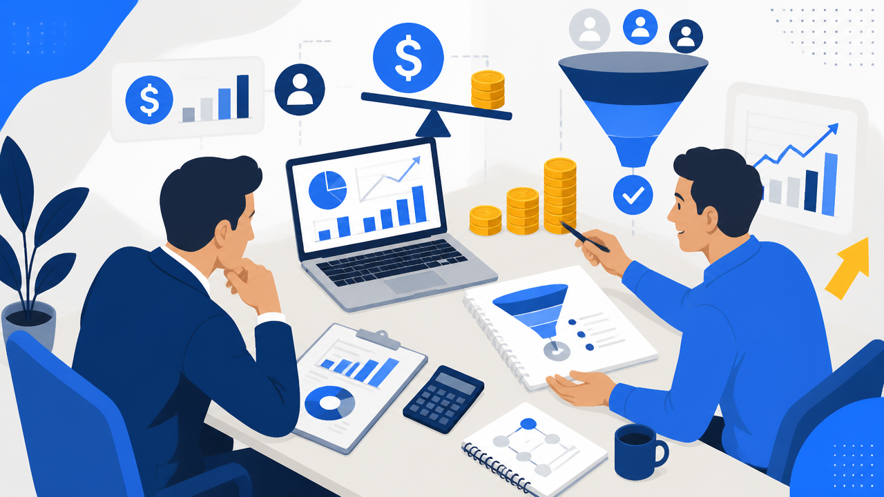 Ilustração de empresário e especialista analisando custos de contratação e métricas de tráfego pago em uma mesa de trabalho