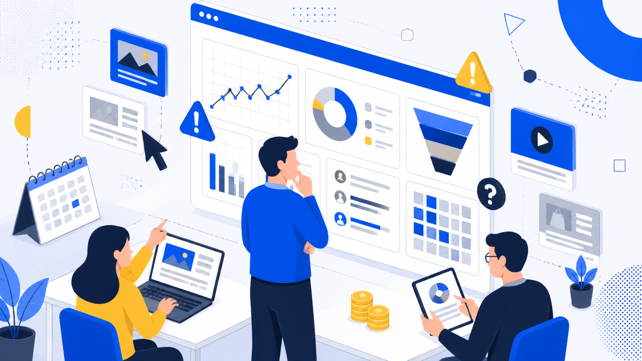 Ilustração de equipe analisando campanhas de mídia paga com gráficos, funil e alertas em um painel digital.