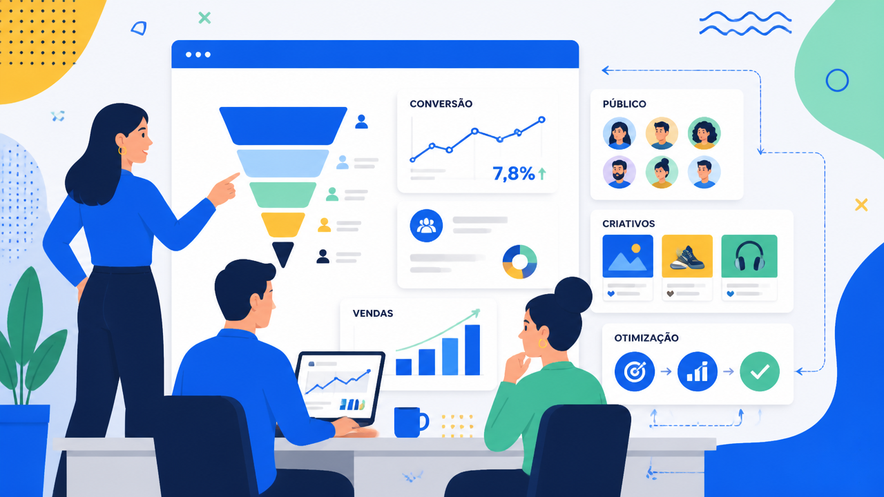 Ilustração de equipe analisando campanhas pagas, funil e métricas de conversão em painel digital.