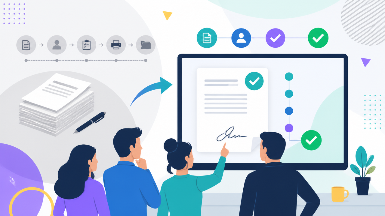 Ilustração de equipe analisando contrato digital assinado, com foco em produtividade empresarial