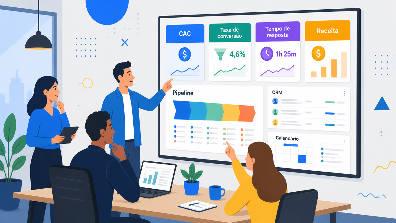 Ilustração de equipe analisando dashboard com métricas compartilhadas de marketing e vendas
