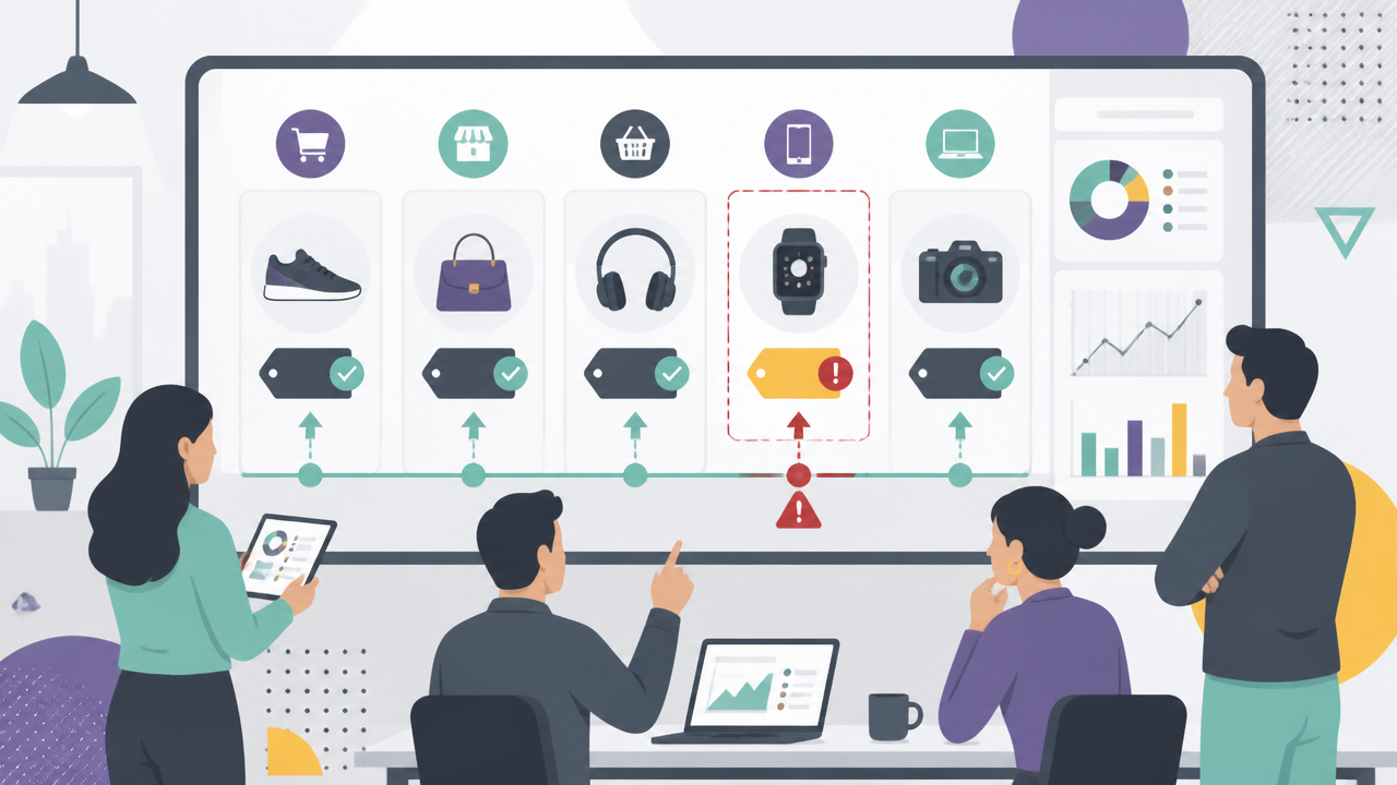 Ilustração de equipe analisando preços divergentes entre revendedores em canais digitais.