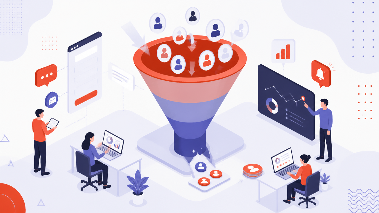 Ilustração de equipe analisando um funil de captação de contatos e oportunidades de venda