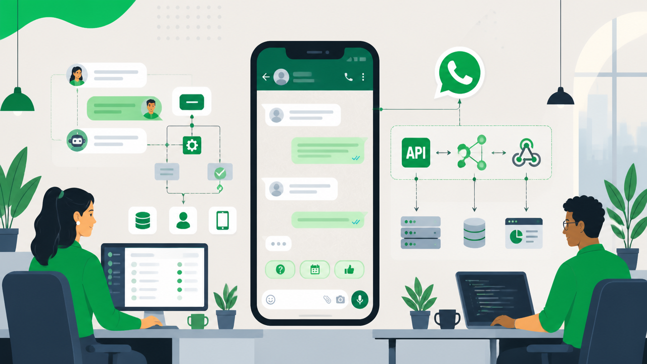 Ilustração de equipe conectando atendimento no WhatsApp a sistemas e automações empresariais.