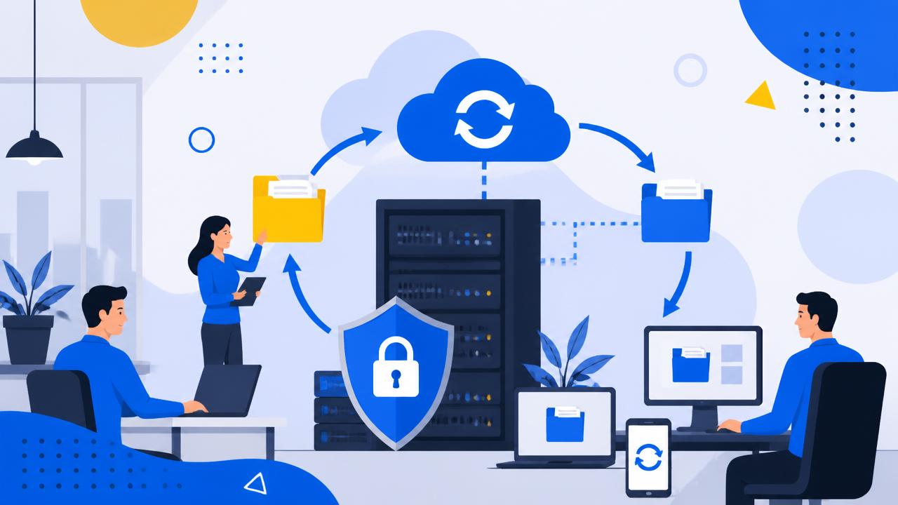 Ilustração de equipe de TI protegendo dados da empresa com cópias de segurança entre servidores, nuvem e computadores.