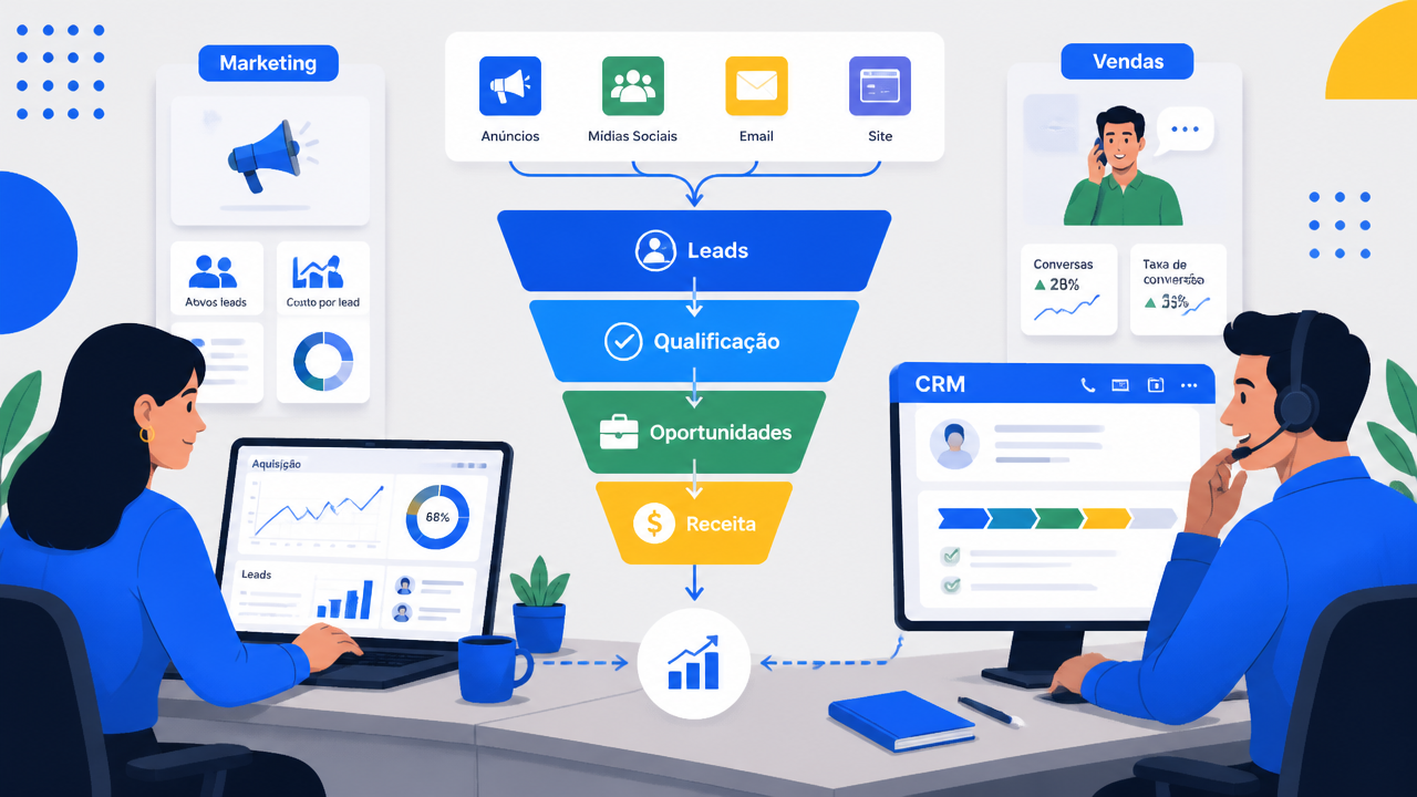 Ilustração de equipe integrando marketing e vendas com funil, CRM e metas compartilhadas