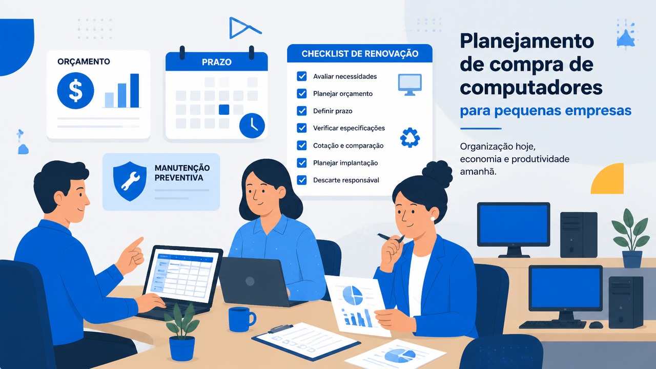Ilustração de equipe planejando a renovação de computadores e o orçamento de TI